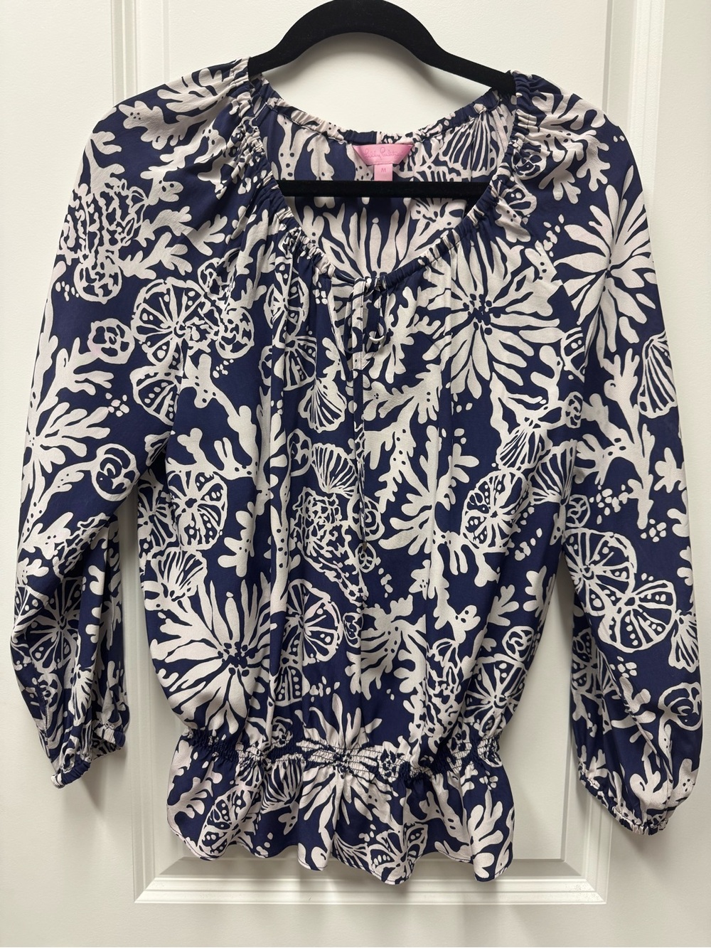 Lilly Pulitzer Navy and White Printed Silk Blouse